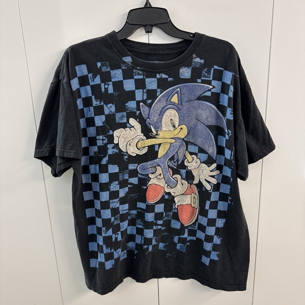 Sonic the Hedgehog Shirt Mens Large Black Blue Checkerboard Graphic Sega Tee